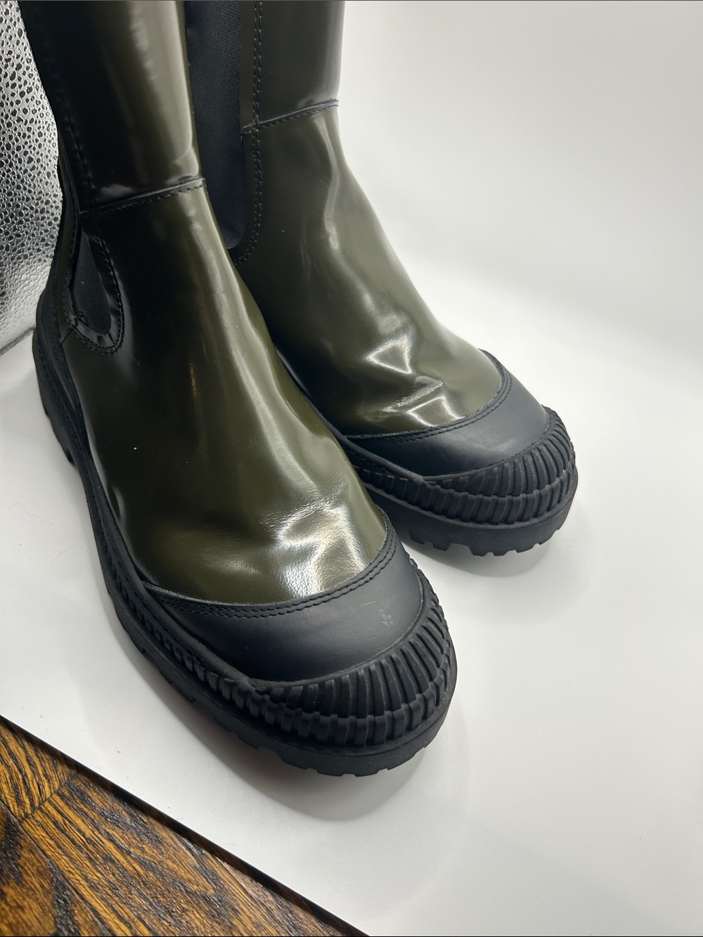Scotch & Soda olive green leather and black combat boots Connie size 7.5 US moto - Picture 4 of 9